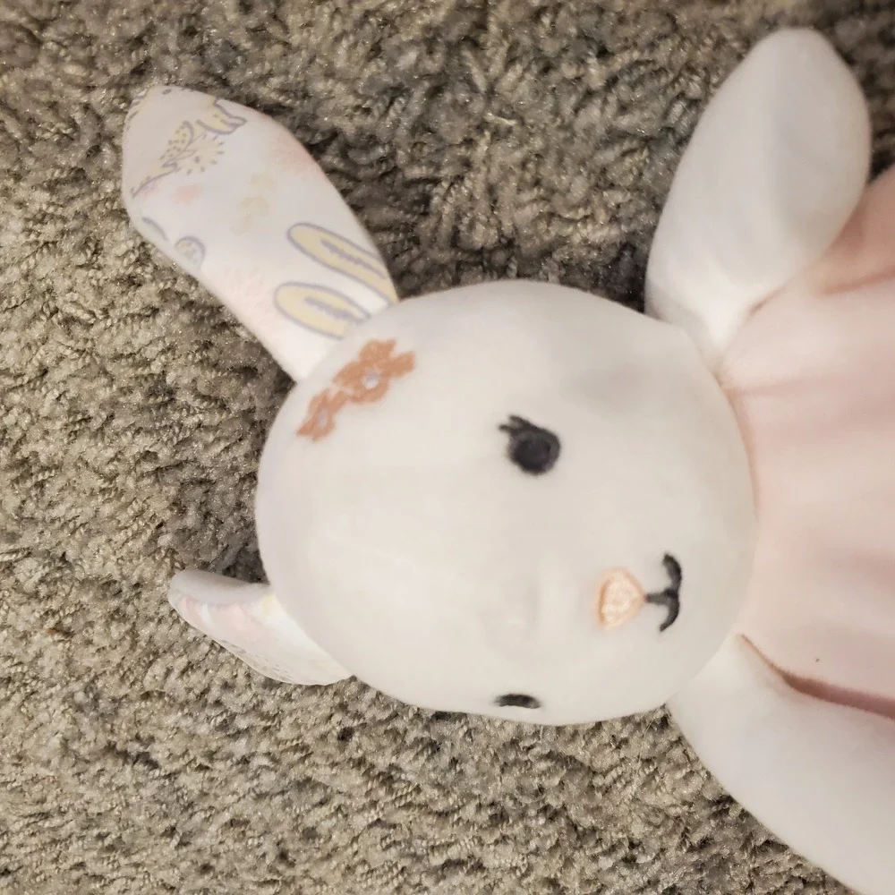 Modern Baby Pink White Bunny Rabbit Lovey Security Blanket Rattle Teether Floral